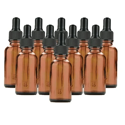 Image de Lot de 10 Flacons compte gouttes en verre ambré avec bouchons noirs, 30 ml rechargeables pour huiles essentielles