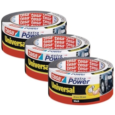 Image de tesa extra Power Universal Lot de 3 Roleaux Ruban Adhésif Toilé pour Réparations, Fixation, Regroupement, Étanchéité ou Emballage Noir 25 m x 50 mm