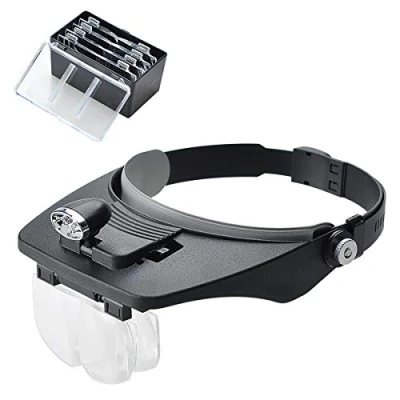 Image de COVVY Loupe Bandeau avec 2 lumières LED, Casque Mains Libres monté sur la tête 4 lentilles Amovibles pour Lecture, réparation électronique, Les Bijoux, Couture, travaux manuels