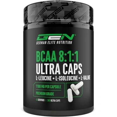 Image de BCAA Ultra Caps 365 gélules avec un dosage élevé de 1100 mg par gélule Premium : rapport puissant 8:1:1 Leucine, L Isoleucine, Valine Acides aminés essentiels à chaîne ramifiée