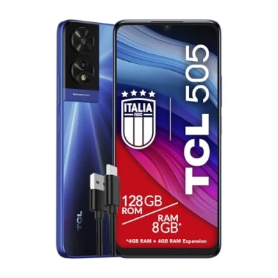 Image de TCL 505 Smartphone 4G Écran 6,75 HDplus 90Hz, 128 Go, 8 Go RAM, Appareil Photo Hybride 50Mp, Android 14, Batterie 5010 mAh, Double Sim, Bleu Océan, Câble USB Type C Additionnel