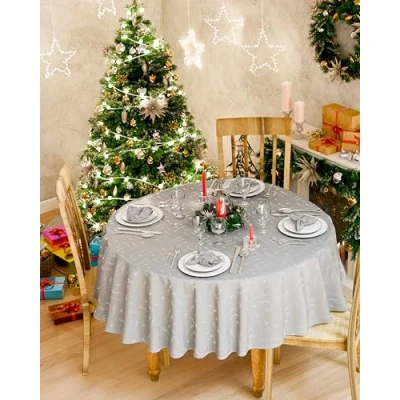Image de Emma Barclay Nappe de Noël Ronde Lavable en Machine Rouge avec Motif Flocon Neige argenté 160 cm