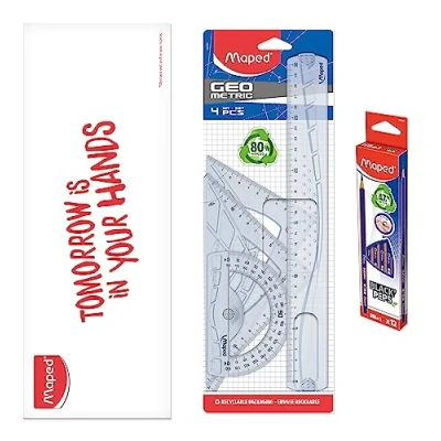 Image de Maped Kit Géométrie 4 pcs + 12 Crayons à Papier Navy Règle 30 cm Équerre Scolaire 60/21 45/21 Rapporteur 180 / Set de Traçage Rigide Transparent