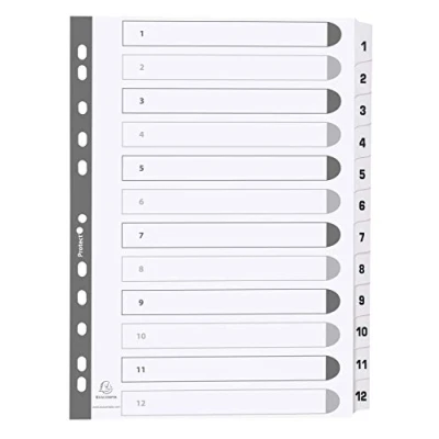 Image de Exacompta Réf. MWD1 12Z Intercalaires en carte blanche 160g/m2 FSC® avec 12 onglets imprimés numériques de 1 à et plastifiés Page d&#039;indexation imprimable Format classer A4
