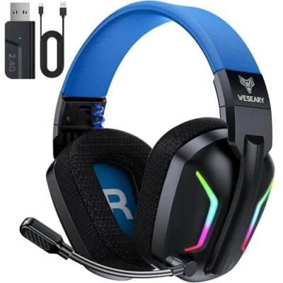 Image de WESEARY WG1 Casque Gaming sans Fil, 2,4 GHz Bluetooth Fil avec Micro pour PS5, PS4, PC, Switch, Mac, Mobile, PS5 Pliable Son Stéréo et Éclairage RGB, Batterie de 50h