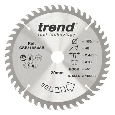 Image de Trend Lame de Scie Circulaire pour Bois, 165 mm Diamètre, 20 d&#039;Alésage, 48 Dents, TCT, 2,2 Trait Scie, +15 Crochet, CSB/16548B