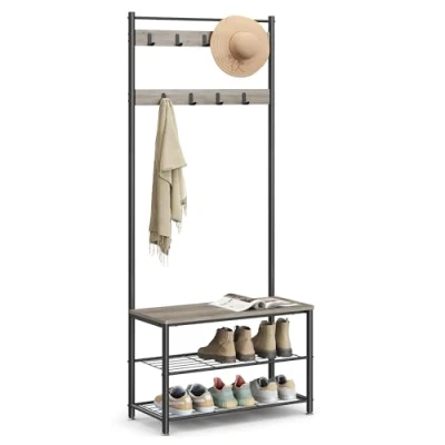 Image de VASAGLE Porte Manteau avec Étagère à Chaussures, Meuble d’Entrée Banc, 3 en 1, Cadre Acier, pour Entrée, Couloir, 32 x 70 175 cm, Style Industriel, Grège et Noir HSR41MB