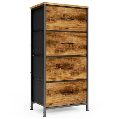 Image de Xbro Commode, Commode étroite avec 4 Tiroirs en Tissu, Meuble de Rangement pour Placards, Dessus Bois et Cadre Métal Chambre à Coucher, Salon, Couloir (Brun Rustique)