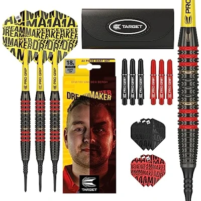 Image de Target Darts Dimitri Van Den Bergh Dream Maker Jeu de fléchettes à Pointe Souple en Laiton Unisexe, Noir, Jaune et Rouge, 18 g