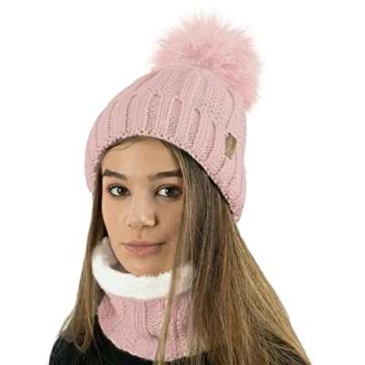 Image de TOSKATOK Dames Femmes Hiver Rib Seed Stitch Beanie Bobble Chapeau avec Doublure en Polaire Confortable Chaud et Fausse Fourrure Pom Taille Unique Nude Ensemble