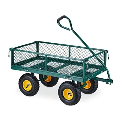 Image de Relaxdays Chariot de Jardin Pratique, Roues pneumatiques, Parties latérales Pliables, Charge Max. 200 kg, Vert/Jaune