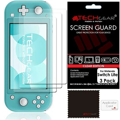 Image de Switch Lite Protection d&#039;Écran [Pack of 3] TECHGEAR Film de Ultra Clair avec Chiffon Nettoyage et Carte d&#039;Application Compatible Nintendo