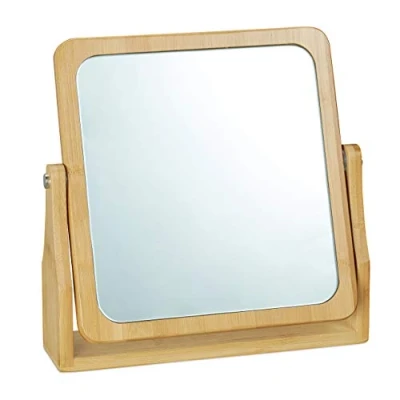 Image de relaxdays cosmétiques, 360 pivotant, carré, sur Pied, Maquillage, HLP 27x26,5x7 cm, Miroir de Table, Bambou