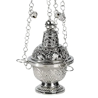 Image de NKlaus Encensoir Laiton Argent Chaîne de 60cm Long décorée clochettes Pivot d&#039;encens Travail Manuel 10959