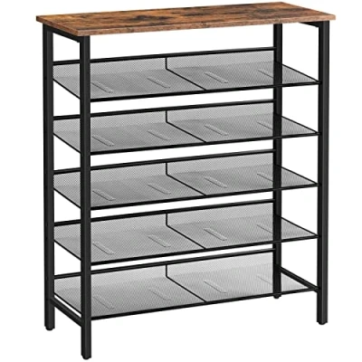 Image de HOOBRO Étagère à Chaussures, Porte Chaussures 6 Niveaux, Meuble en Maille Métallique Réglable, pour Entrée, Couloir, Salon, Chambre, Marron Rustique et Noir EBF16XJ01