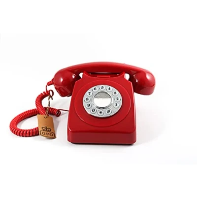 Image de GPO 746 Téléphone fixe rétro de style années 1970 à bouton poussoir Cordon extansible, sonnerie authentique Rouge