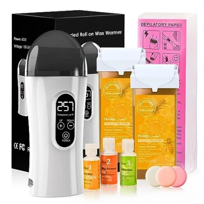 Image de Roll On Cire Epilation, Kit Chauffe Épilation Professionnelle avec 2 Miel Cartouches de Cire, 100 Bandes Traitement Pré et post épilation,Kit d&#039;épilation pour Grandes Surfaces