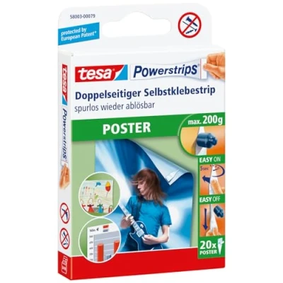 Image de Tesa Powerstrips POSTER Bandes adhésives Double Face pour Posters Auto adhésif et Réutilisable Adhérence Jusqu&#039;à 200 g 20 par Lot