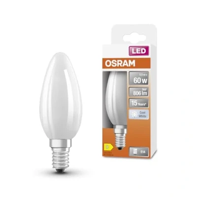 Image de OSRAM LED Star Classic Lampe in klassischer Minikerzenform, weiß, kaltweißes Licht (4000 K) mit 5.5W / 806 lm, aus gefrostetem bleifreiem Glas, E14 Sockel, IP20, EEK D, 35 mm Durchmesser.