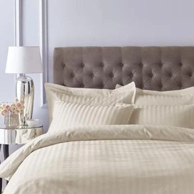 Image de Bianca Drap Housse en Satin de Coton 300 Fils à Rayures pour lit King Size Naturel