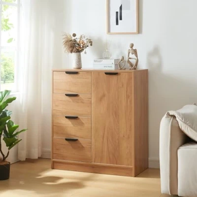 Image de [en.casa] Commode avec 4 Tiroirs et Porte Meuble de Rangement Style Intemporel pour Salon Chambre Entrée Classeur Bureau MDF 90 x 80 40 cm Effet Chêne