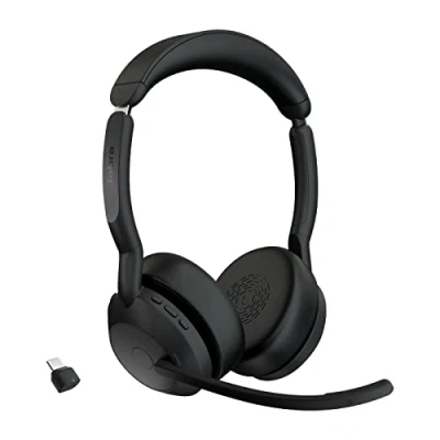 Image de Jabra Evolve2 55 Micro casque sans fil stéréo avec technologie Air Comfort, micros à réduction de bruit et ANC. Fonctionne les plateformes UC telles que Zoom Google Meet Noir