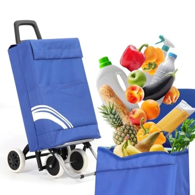 Image de 40Litres Chariot de Courses Pliable avec Compartiment étanche, 4 Roues, à roulettes, cadie a roulettes Courses, Sac Roulette Course, Shopping Trolley Bleu/Blanc