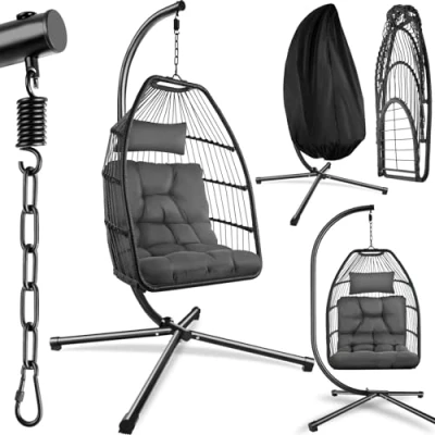 Image de tectake® Fauteuil Oeuf Suspendu Chaise hamac Balancoire Cocooning Confortable Pliable Résistant, Relax avec Structure en Acier &amp; Coussin Épais