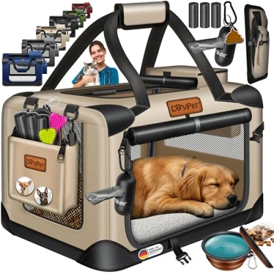 Image de LOVPET® Caisse pour Chien de Transport Pliable avec écuelle Sac Animaux domestiques, Chiens et Chats, Beige, XL