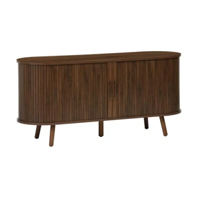 Image de sweeek Meuble TV scandinave 2 Portes coulissantes. 4 Compartiments. Effet Bois rainuré. L120 x 40 57 cm