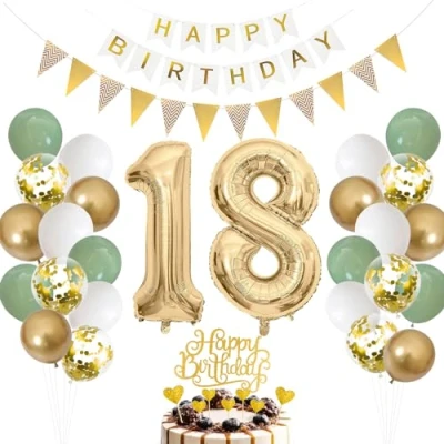 Image de Ballon décoratif pour 18e anniversaire Vert sauge en aluminium et blanc doré Motif chiffre 18