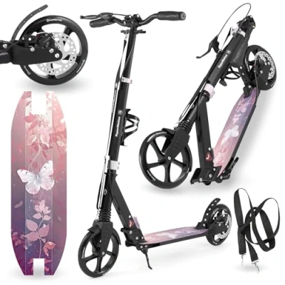 Image de HyperMotion Trottinette à deux roues pour adolescents et adultes, avec amortisseur, Skyline, en aluminium, charge jusqu&#039;à 100 kg, partir de 6 ans, grandes roues, frein main pied, pliable +