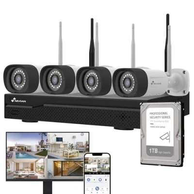 Image de NIVIAN Kit de caméras WiFi CCTV 2K IA, détection Humaine, Audio bidirectionnel, Double Vision Nocturne, Enregistrement, Application EseeCloud, Sortie HDMI