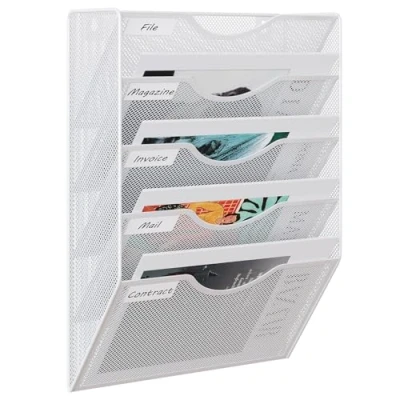 Image de EasyPAG 5 Compartiments Métal Porte Revue Mural Document Suspendu A4 Organisateur de Bureau à Suspendre Banette Rangement Range Papier Corbeille a Courrier Murale,Blanc