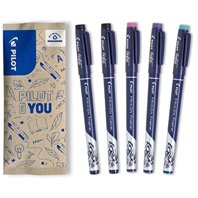 Image de PILOT Lot de 5 FriXion Fineliner Stylo Feutre effaçable à encre thermosensible 2 Noirs, 1 Rose, Violet, Bleu Clair d&#039;écriture pointe fine