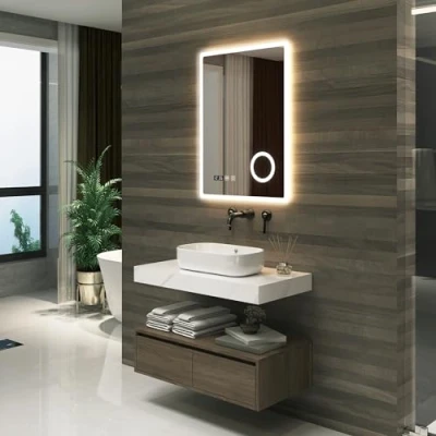 Image de pro.tec Miroir LED pour Salle de Bain Mural avec Interrupteur Tactile Anti buée Loupe 3X Horloge Température Affichée Aluminium Verre 5 mm 80 x 60 cm Blanc