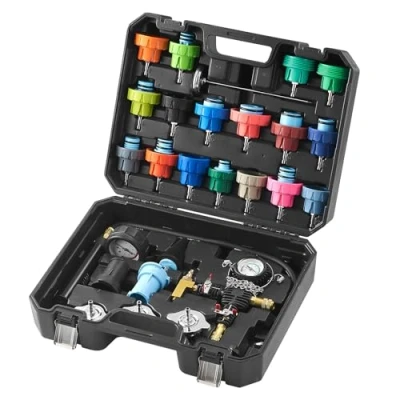 Image de VEVOR 28PCS Kit Testeur de Pression et Rechange du Liquide Refroidissement Radiateur Universel Pompe Manuelle Adaptateurs Capuchons Test à Code Couleur Boîte Outils pour Voitures Motos Camions