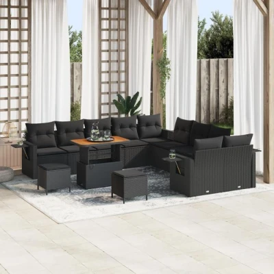 Image de Ensemble de Sofa Jardin 13 pièces avec Coussins Rattan Poly Noir Acacia, Salle à Manger 3 3363754
