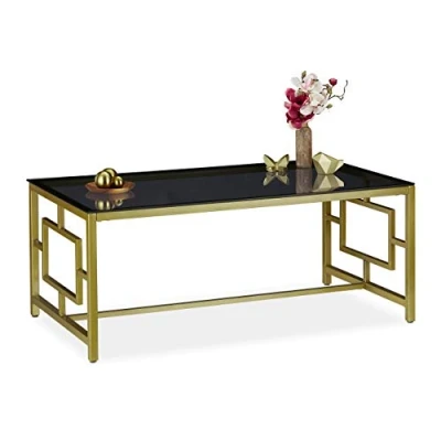 Image de Relaxdays Basse avec Plaque de Verre, Cadre métallique,Table Salon,HxlxP 45 x 110 60 cm, dorée, Noir/doré