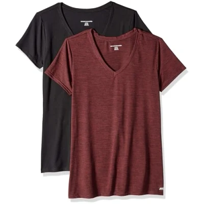 Image de Amazon Essentials T shirt Tech à manches courtes et col en V, extensible (disponible grande taille) Femme, Lot de 2, Bordeaux Teinture Spatiale/Noir, M