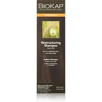 Image de BIOKAP Shampoing pour cheveux colorés 200 ml Avec huile d&#039;argan bio Écorce de saule Huiles essentielles d&#039;eucalyptus Extrait romarin Végétalien Sans silicone parabène