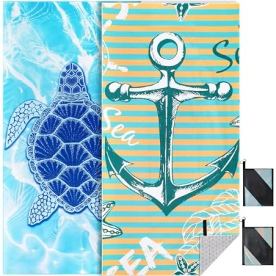 Image de KUOGAS Serviette de Plage XXL 2er Ensemble 90 * 180cm, Grande en Microfibre à SéChage Rapide, Bain sans Sable, Couverture pour Femmes. (Tortue+Ancre)
