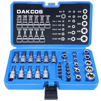 Image de DAKCOS Jeu de 34 Coffret douilles torx femelle E4 E20, Embout étoilé profil T10 T60, Adaptateur 3/8&#039;&#039; à 5/16&#039;&#039;