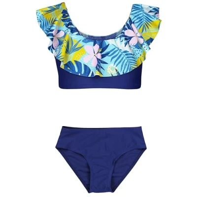 Image de Aquarti Set Bustier Slip de Bikini Maillots Bain Deux Pièces Filles Pièces, 037 Frou Vert Jaune Feuilles Bleu, 128