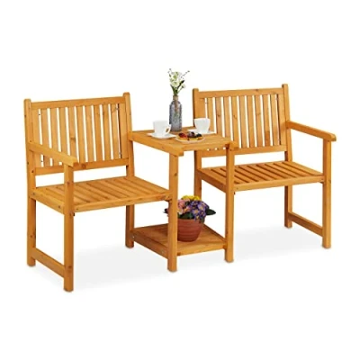 Image de Relaxdays Banc de jardin avec table intégrée, 2 places, banquette, robuste, en bois, balcon, HLP : 86x161x61 cm, nature
