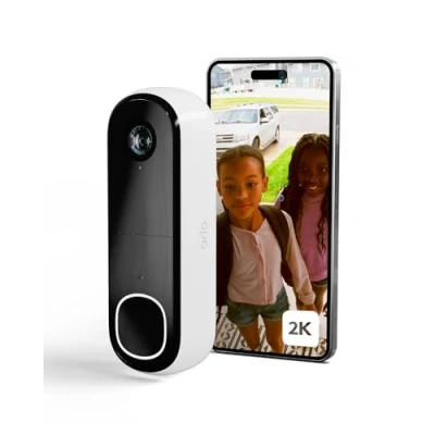 Image de Arlo Sonnette 2K, de Surveillance WiFi Exterieure Sans Fil, Autonomie 6 mois, Capteur Mouvement, Vision Nocturne, Audio Bidirectionnel, Essai Secure inclus, Blanc