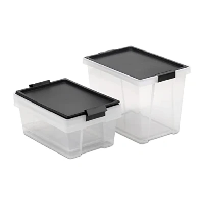 Image de TATAY Lot de 3 Boîtes Rangement avec Couvercles, 2 x 7L, 1 15L, Poignées, Couvercle en PP Recyclé, Transparent, sans BPA, Noir. Dimensions 25 36 29 cm