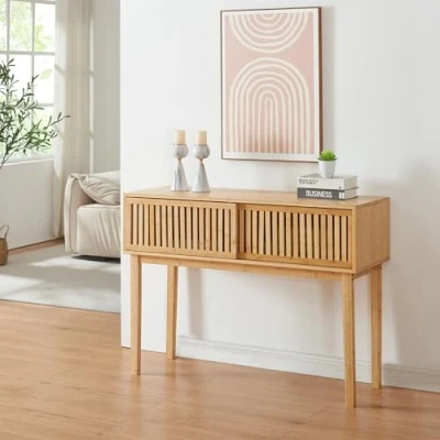 Image de [en.casa] Table Console avec Compartiment de Rangement et 2 Portes Coulissantes d&#039;Appoint Buffet pour Entrée Salon Salle à Manger Chambre Bambou 110 x 39 81 cm Naturel