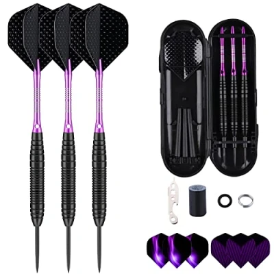 Image de sanfeng Lot de 3 fléchettes Professionnelles avec Pointe en Acier 22 g tiges Violettes Aluminium, 9 ailettes Standard + 50 Joints toriques Caoutchouc 12 Anneaux à Ressort 1 Outil