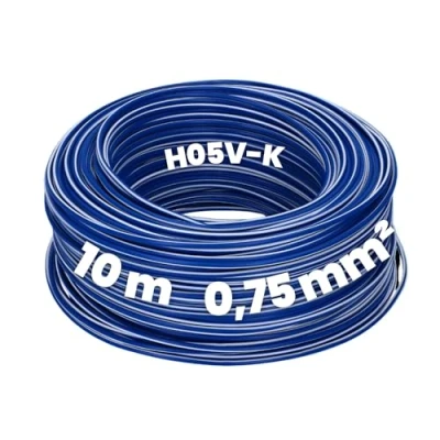 Image de Kalitec Câble de Câblage H05V K 0,75 mm² 10 m Bleu foncé/blanc Flexible fil unique en PVC Toron à fin monofil